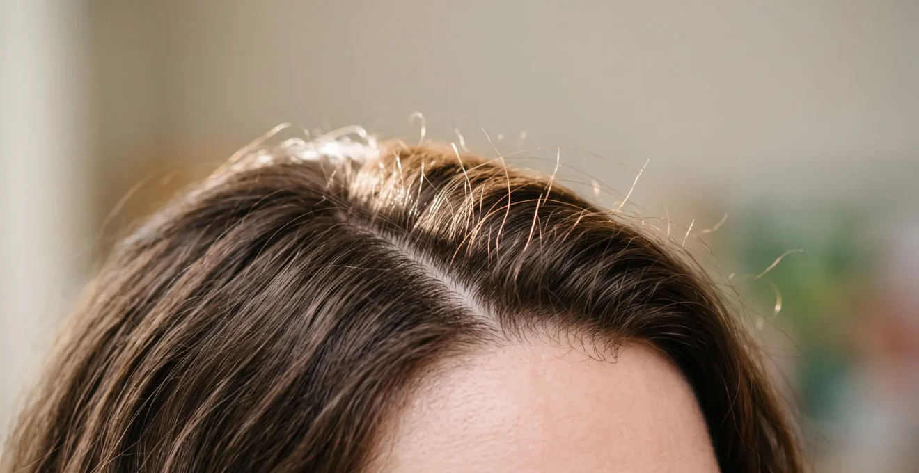 Gros plan artistique sur une racine de cheveux et un cuir chevelu sain évoquant la régénération capillaire
